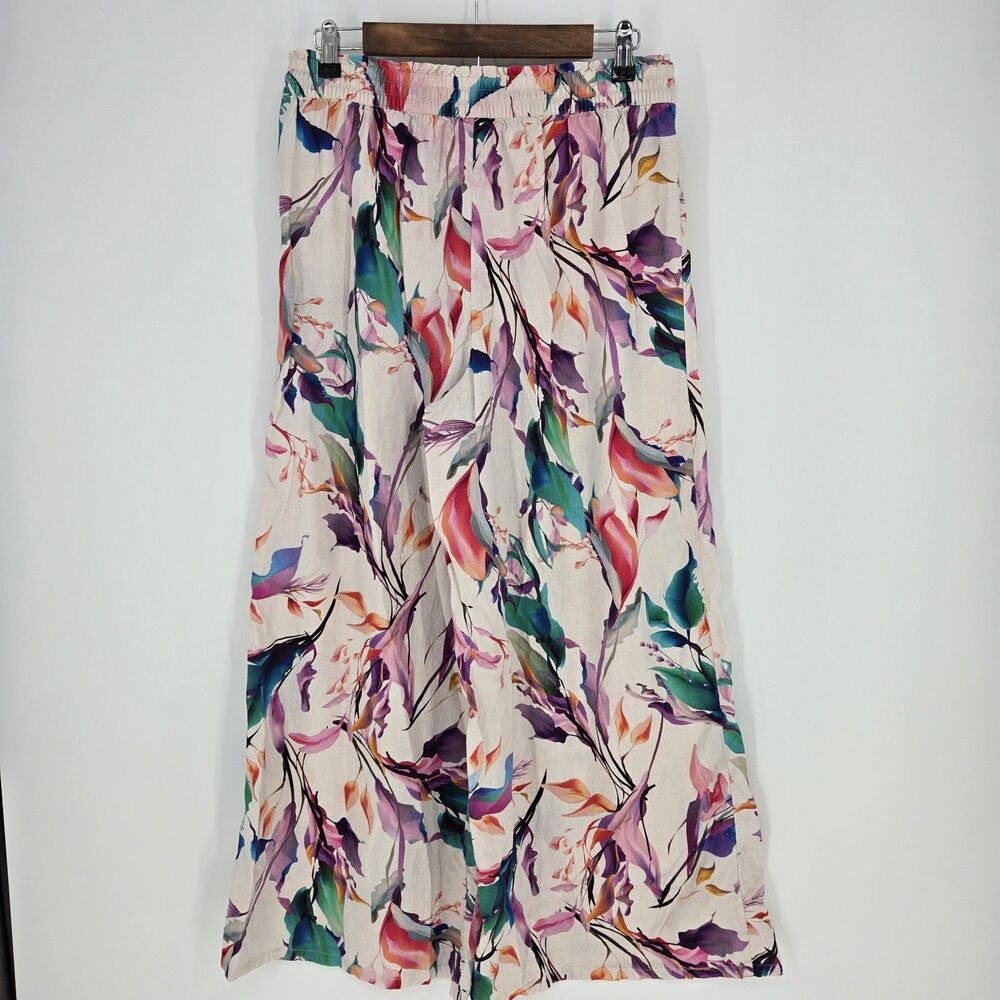 Calia Floral Linen Blend Wide Leg Pull On Pant Medium - Picture 6 of 6